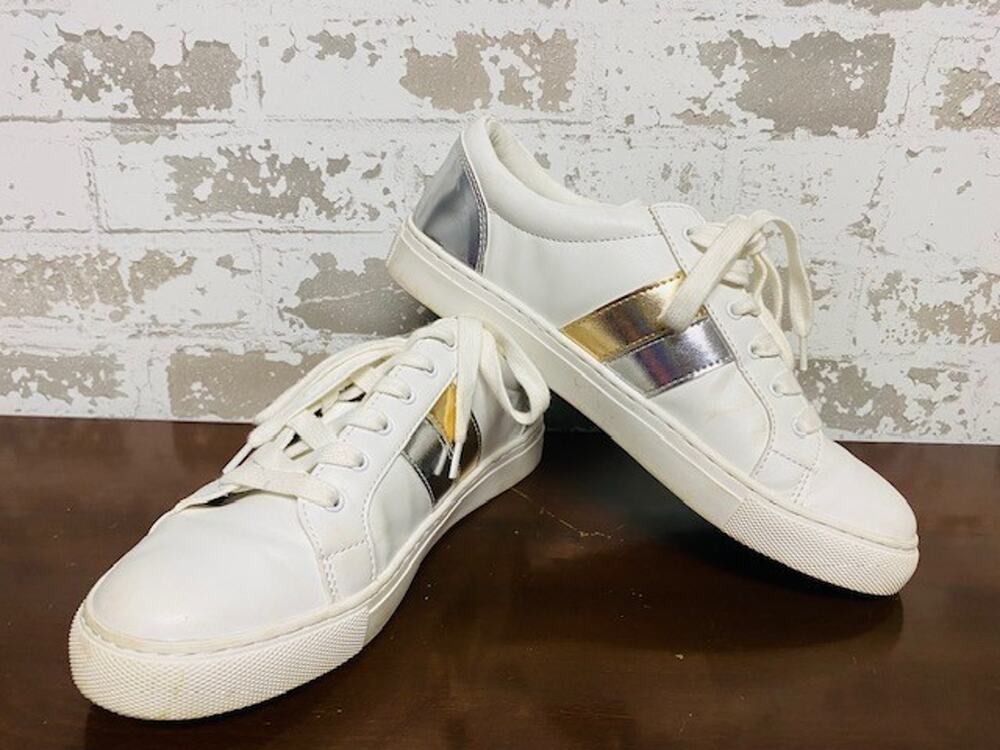 J.Crew Road Trip Metallic Sneakers Women 8.5 White Gold Silver BG340